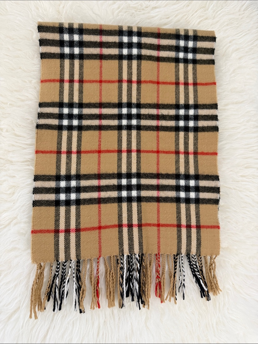 Burberry Scarf Giant Check Cashmere Classic Plaid Fringe Size OS